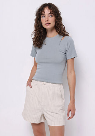 Slim Fit Yuvarlak Yaka Düz Kadın Yeşil Kısa Kol Tişört