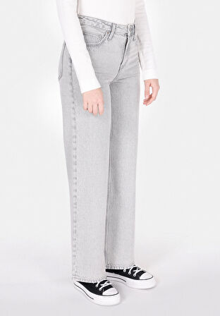 Regular Fit Yüksel Bel Geniş Paça Kadın Gri Jean Pantolon
