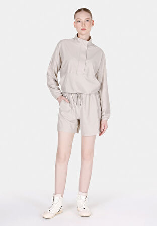 Regular Fit Fermuarlı Düz Kadın Taş Sweatshirt Cl1073247