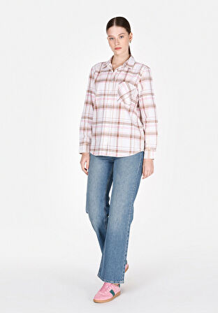 Regular Fit Shirt Neck Ekoseli Kadın Bej Uzun Kol Gömlek Cl1073285