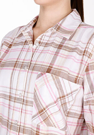 Regular Fit Shirt Neck Ekoseli Kadın Bej Uzun Kol Gömlek Cl1073285