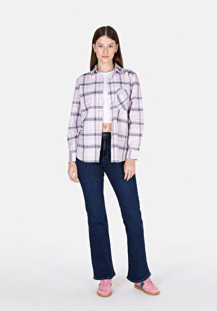 Regular Fit Shirt Neck Ekoseli Kadın Pembe Uzun Kol Gömlek Cl1073285