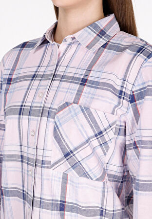 Regular Fit Shirt Neck Ekoseli Kadın Pembe Uzun Kol Gömlek Cl1073285