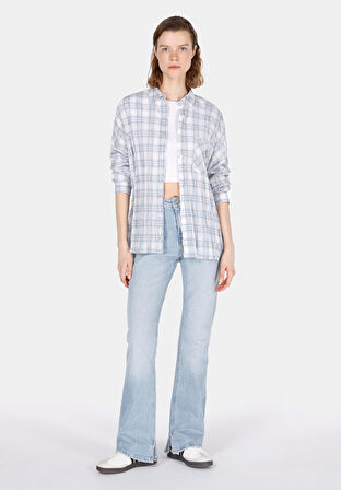 Relaxed Fit Shirt Neck Ekoseli Kadın Mavi Uzun Kol Gömlek Cl1073287
