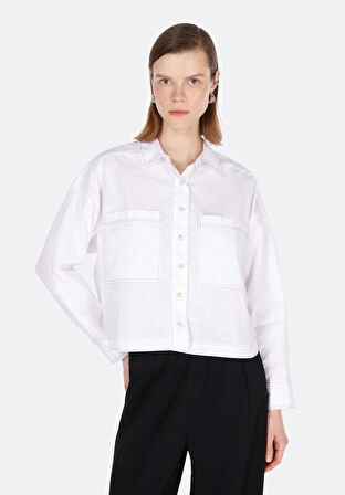 Regular Fit Shirt Neck Düz Kadın Beyaz Uzun Kol Gömlek Cl1073288