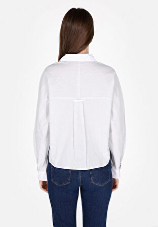 Regular Fit Shirt Neck Çizgili Kadın Mavi Uzun Kol Gömlek