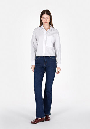 Regular Fit Shirt Neck Çizgili Kadın Mavi Uzun Kol Gömlek