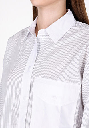 Regular Fit Shirt Neck Çizgili Kadın Mavi Uzun Kol Gömlek