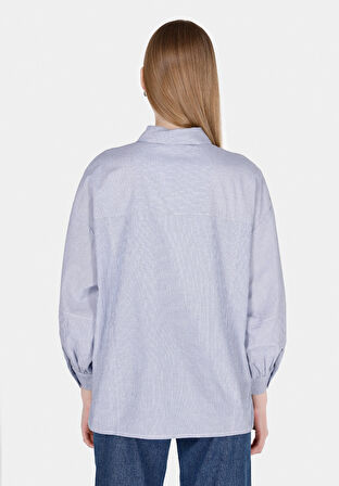Relaxed Fit Shirt Neck Çizgili Kadın Mavi ¾ Kol Gömlek Cl1073303