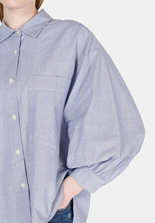 Relaxed Fit Shirt Neck Çizgili Kadın Mavi ¾ Kol Gömlek Cl1073303