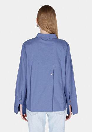 Regular Fit Shirt Neck Düz Kadın Mavi Uzun Kol Gömlek Cl1073310