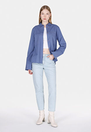 Regular Fit Shirt Neck Düz Kadın Mavi Uzun Kol Gömlek Cl1073310