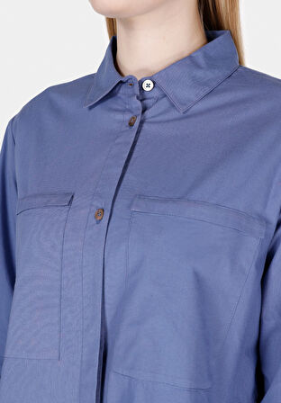 Regular Fit Shirt Neck Düz Kadın Mavi Uzun Kol Gömlek Cl1073310