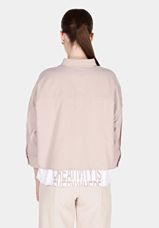 Regular Fit Shirt Neck Düz Kadın Vizon ¾ Kol Gömlek