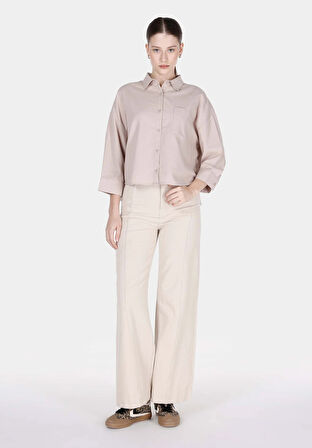 Regular Fit Shirt Neck Düz Kadın Vizon ¾ Kol Gömlek