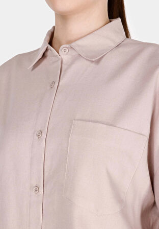 Regular Fit Shirt Neck Düz Kadın Vizon ¾ Kol Gömlek