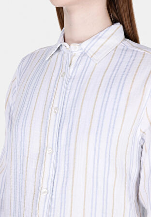 Regular Fit Shirt Neck Çizgili Kadın Beyaz Uzun Kol Gömlek Cl1073332