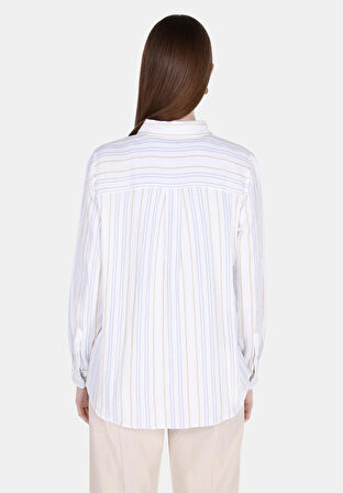 Regular Fit Shirt Neck Çizgili Kadın Beyaz Uzun Kol Gömlek Cl1073332