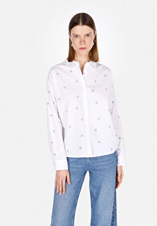 Regular Fit Shirt Neck Nakışlı Kadın Beyaz Uzun Kol Gömlek