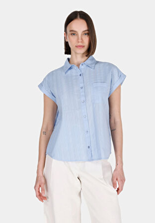 Regular Fit Shirt Neck Düz Kadın Mavi Kolsuz Gömlek
