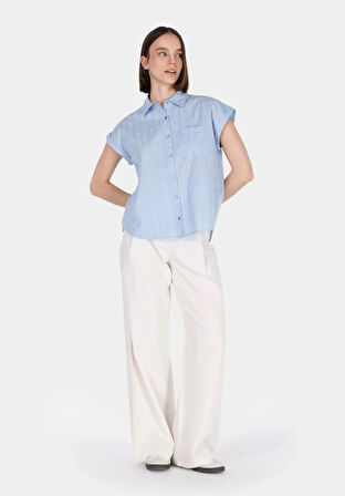 Regular Fit Shirt Neck Düz Kadın Mavi Kolsuz Gömlek