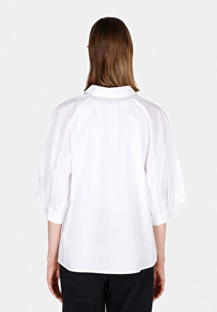 Regular Fit Shirt Neck Düz Kadın Beyaz ¾ Kol Gömlek