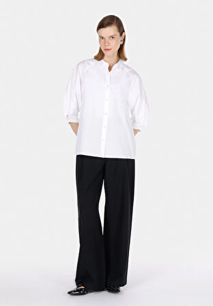Regular Fit Shirt Neck Düz Kadın Beyaz ¾ Kol Gömlek