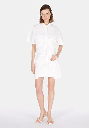 Regular Fit Shirt Neck Düz Kadın Beyaz Kısa Kol Gömlek Cl1073342