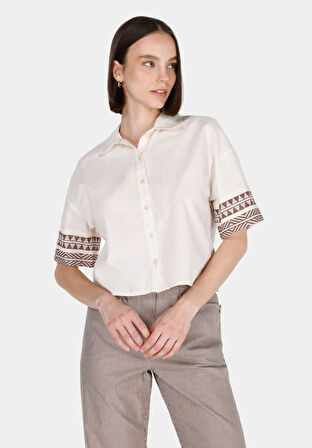 Regular Fit Shirt Neck Etnik Kadın Ekru Kısa Kol Gömlek
