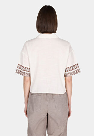 Regular Fit Shirt Neck Etnik Kadın Ekru Kısa Kol Gömlek