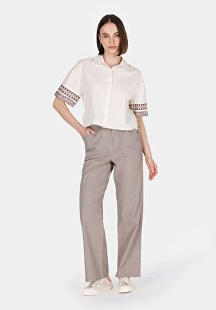 Regular Fit Shirt Neck Etnik Kadın Ekru Kısa Kol Gömlek