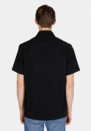 Comfort Fit Shirt Neck Düz Erkek Siyah Kısa Kol Gömlek