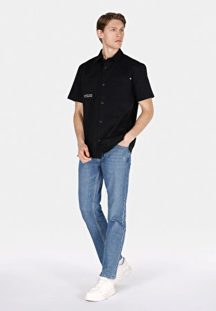 Comfort Fit Shirt Neck Düz Erkek Siyah Kısa Kol Gömlek