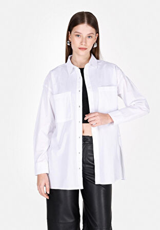 Regular Fit Shirt Neck Düz Kadın Beyaz Uzun Kol Gömlek Cl1073373