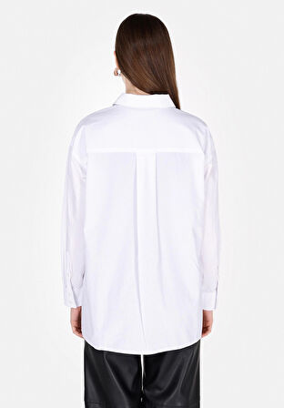 Regular Fit Shirt Neck Düz Kadın Beyaz Uzun Kol Gömlek Cl1073373