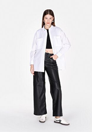 Regular Fit Shirt Neck Düz Kadın Beyaz Uzun Kol Gömlek Cl1073373