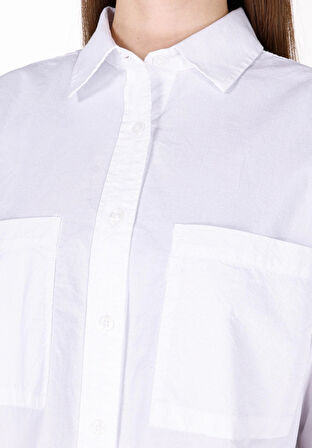 Regular Fit Shirt Neck Düz Kadın Beyaz Uzun Kol Gömlek Cl1073373