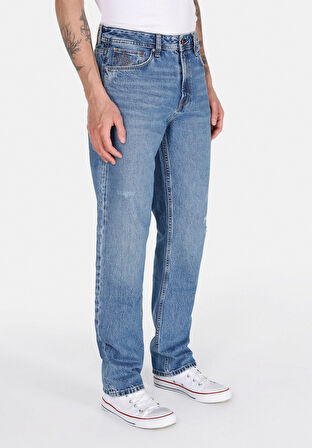 Regular Fit Orta Bel Düz Paça Erkek Mavi Jean Pantolon