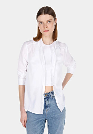 Regular Fit Shirt Neck Düz Kadın Beyaz Uzun Kol Gömlek Cl1073407