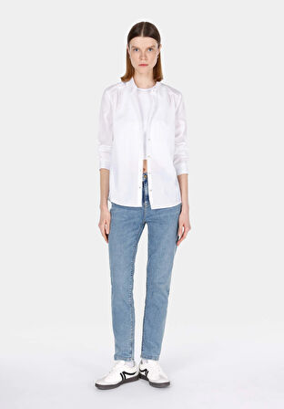Regular Fit Shirt Neck Düz Kadın Beyaz Uzun Kol Gömlek Cl1073407