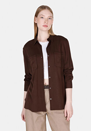 Regular Fit Shirt Neck Düz Kadın Kahverengi Roll-up Gömlek Cl1073413