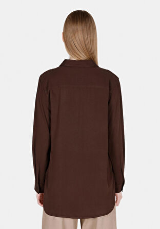 Regular Fit Shirt Neck Düz Kadın Kahverengi Roll-up Gömlek Cl1073413