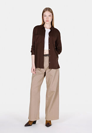 Regular Fit Shirt Neck Düz Kadın Kahverengi Roll-up Gömlek Cl1073413