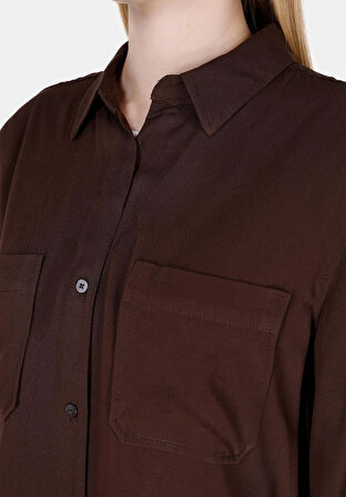 Regular Fit Shirt Neck Düz Kadın Kahverengi Roll-up Gömlek Cl1073413