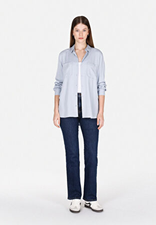 Regular Fit Shirt Neck Düz Kadın Mavi Roll-up Gömlek Cl1073413