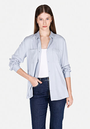 Regular Fit Shirt Neck Düz Kadın Mavi Roll-up Gömlek Cl1073413