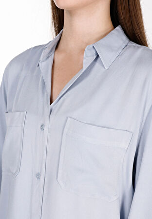 Regular Fit Shirt Neck Düz Kadın Mavi Roll-up Gömlek Cl1073413