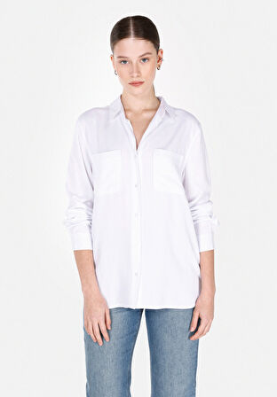 Regular Fit Shirt Neck Düz Kadın Beyaz Roll-up Gömlek Cl1073413