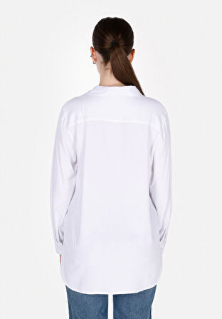 Regular Fit Shirt Neck Düz Kadın Beyaz Roll-up Gömlek Cl1073413