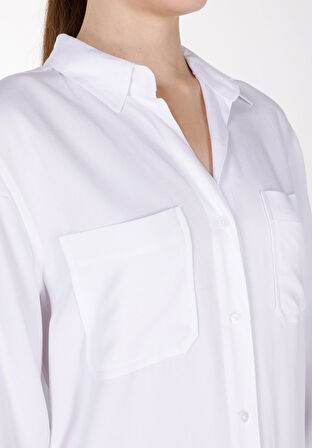 Regular Fit Shirt Neck Düz Kadın Beyaz Roll-up Gömlek Cl1073413